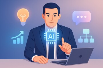 Fototapeta premium Business professional demonstrating AI technology's impact on growth and communication strategies in a modern digital workspace. Concept of innovation and data-driven decision-making.