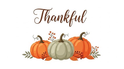 Thankful seasonal greeting with pumpkins leaves and berries design element