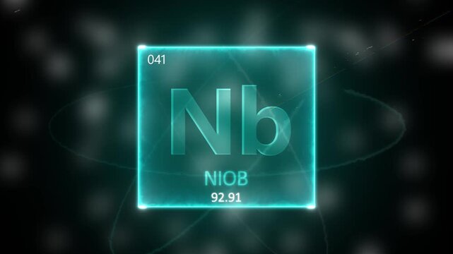 Niobium as Element 41 of the Periodic Table. Seamlessly looping 3D animation on blue illuminated atom design background orbiting electrons name, atomic weight element number in German language