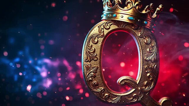 Ornate Golden Letter Q with Crown Against an Abstract Bokeh Backdrop