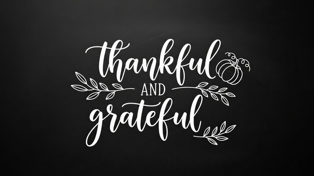 Thankful and grateful text on black background with pumpkin art