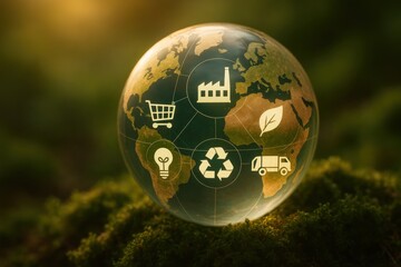 Eco-friendly globe featuring symbols of recycling, sustainable industry, and green practices, representing global efforts towards environmental conservation and responsible consumption.