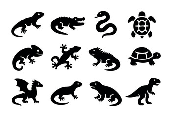 Obraz premium Reptiles & Amphibians silhouette icon set — various lizards, snakes, and other herpetology creatures — stock vector.