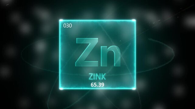 Zinc as Element 30 of the Periodic Table. Seamlessly looping 3D animation on blue illuminated atom design background with orbiting electrons. Design shows name, atomic weight and element number