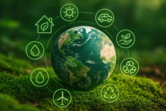 Earth surrounded by eco-friendly icons representing sustainability, renewable energy, and environmental awareness. Concept of global responsibility and green living.