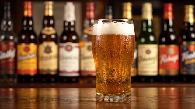Frothy pint of chilled draft beer sits on a wooden table in a pub, condensation glistening on the glass. The light lager looks refreshing and inviting for a drink