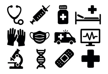 Medical & Healthcare icon set — a collection of solid icons for hospital, clinic, and emergency services — stock vector.