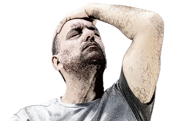 Adult male with stressed expression holding head in stylized high-contrast illustration.