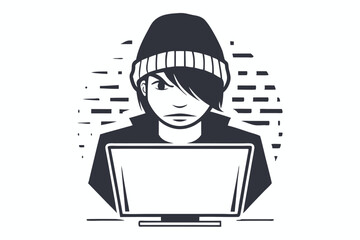Hacker wearing beanie uses laptop before stylized brick background in solid monochrome