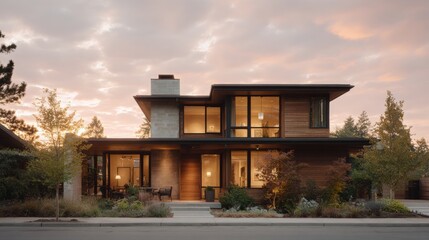 Modern two-story house with a unique design. the house is made of wood and has a sloping roof with a chimney on top.