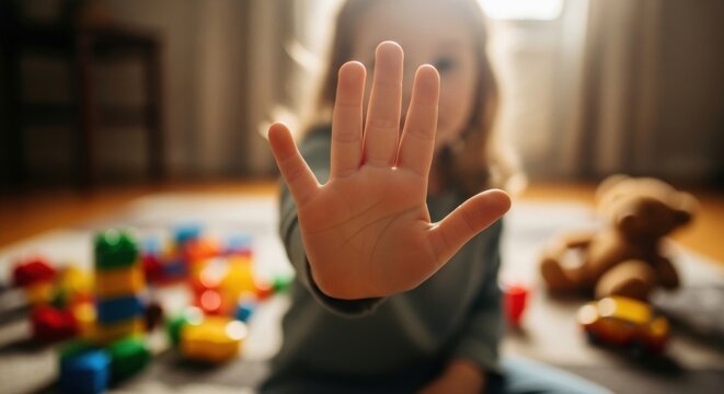 A young child's hand is raised in a definitive "stop" gesture, showing refusal and dislike