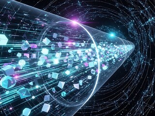 Abstract digital data stream tunnel with glowing blue and purple cubes