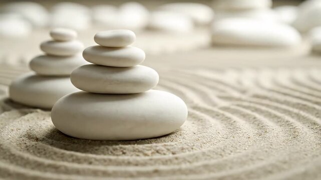 Spiritual arrangement of smooth white pebbles stacked in a Japanese zen garden. Circular sand patterns promote tranquility and balance