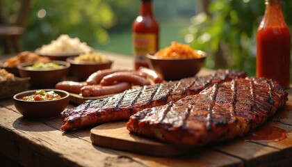 Grilled meat on wooden table with various side dishes. BBQ feast with sausage steak vegetables. Food is ready for sharing. Cookout with friends outdoor