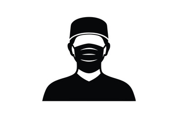 Icon portrays person wearing a mask and cap in black against a white background