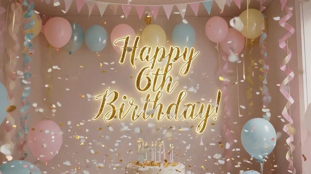 Luminous 6th birthday message surrounded by pastel balloons, confetti, and cake