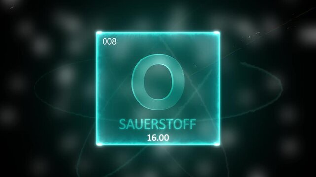 Oxygen as Element 8 of the Periodic Table. Seamlessly looping 3D animation on blue illuminated atom design background orbiting electrons name, atomic weight element number in German language