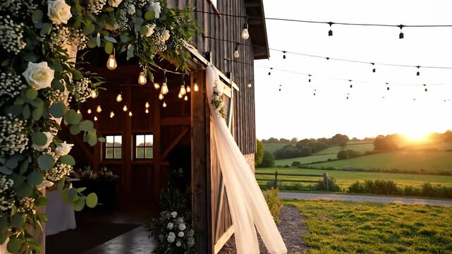 Rustic barn entrance decorated with flowers and lights at sunset
