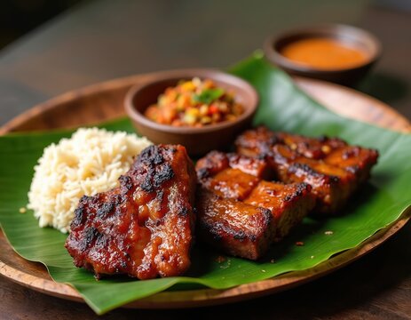 Indonesian grilled pork served with rice and sambal sauce on banana leaf. Traditional Balinese dish babi guling presented on wooden plate. Savory local food with roasted spicy meat is popular meal.