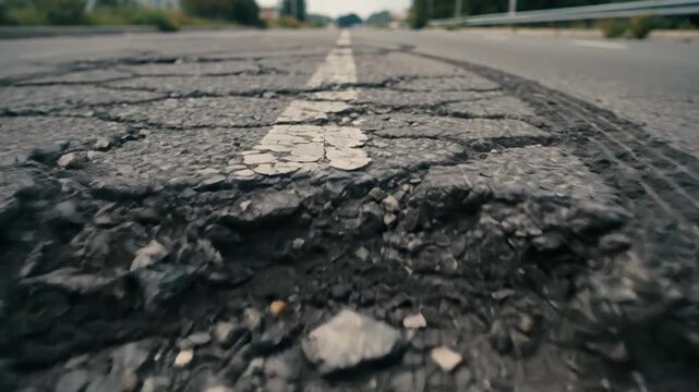 Close up view moving along a cracked and damaged asphalt road with a worn white line. The poor condition of the pavement is visible