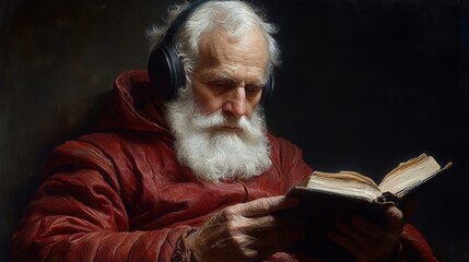 A man wearing red robes and headphones intently reads an open book. Focus on knowledge, study, and concentration.