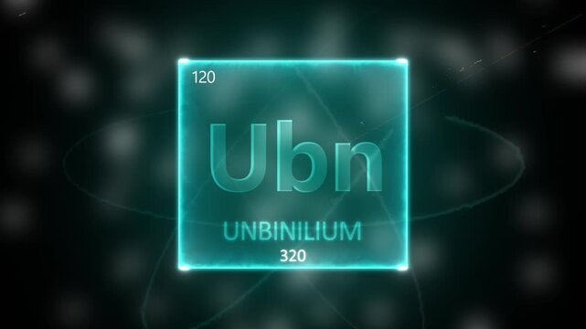 Unbinilium as Element 120 of the Periodic Table. Seamlessly looping 3D animation on blue illuminated atom design background with orbiting electrons. Design shows name, atomic weight and element number