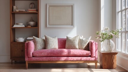 Naklejka premium Living room with a pink sofa in the center. the sofa is upholstered in a soft pink fabric with a floral pattern and has several throw pillows on it.