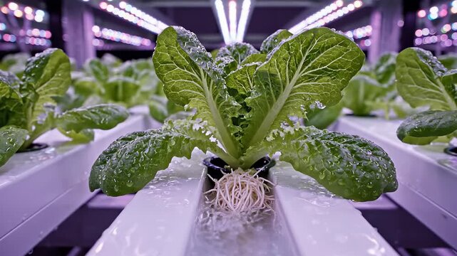 Lush lettuce plants flourishing in a state of the art vertical farm using hydroponics and LED lighting for optimum growth