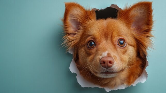 A captivating close-up shot of a dog's face curiously peeking through a weathered hole in a rustic wall. A serene blue background enhances the image's tranquility and adds to the scene's charm.