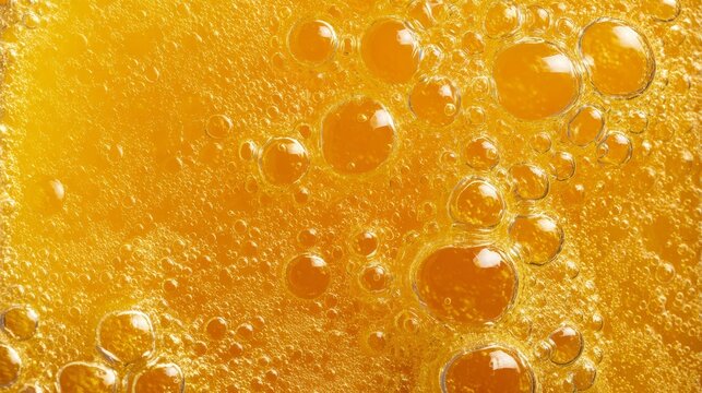 Golden mango juice closeup texture. Tropical smooth surface with natural fruit essence bubbles