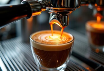 Dynamic Espresso Extraction Machine Close-Up Showcasing Bean Artistry Under High Pressure