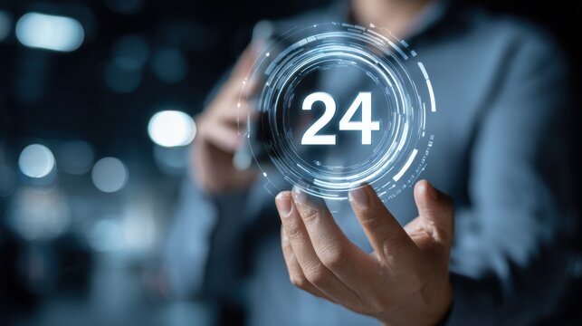 Person presenting futuristic interface with number 24
