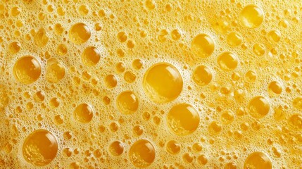 Yellow pineapple juice closeup, tropical golden texture with natural fruit fibers and bubbles