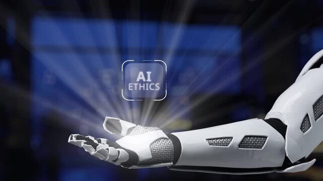 A robotic hand displays the concept of AI ethics, featuring various icons that symbolize responsible practices, societal impacts, and moral considerations in technology development. Synapse