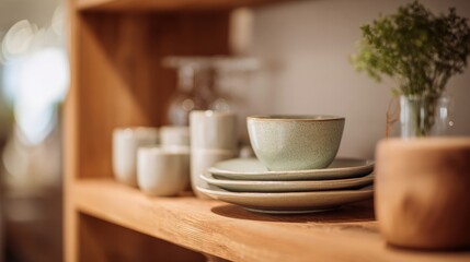Fototapeta premium Wooden shelf with a stack of plates and bowls on it. the plates are of different sizes and colors, with the largest one in the center and the smallest one on the bottom.