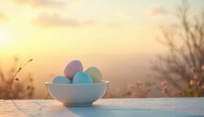 Pastel colored Easter eggs fill white ceramic bowl. Delicate eggs sit on outdoor table surface, bathed in soft golden light of tranquil sunrise. Spring nature details with blurred trees, blooming