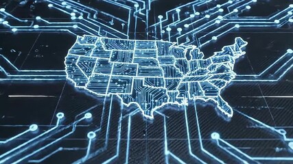 The network node depicts a blue digital map of the United States on a grid. Ideal for technology, AI, connectivity, and digital innovation visuals. - Powered by Adobe
