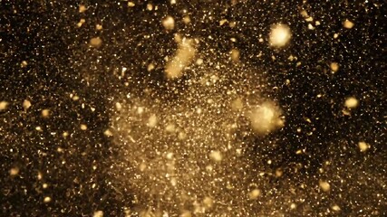 Golden explosion of particles in black space creates magical, dynamic effect perfect for visual effects, motion graphics and stunning abstract backgrounds