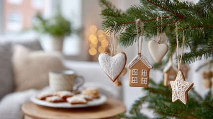Christmas tree branch decorated with heart-shaped and star-shaped cookie ornaments near cozy living room setting