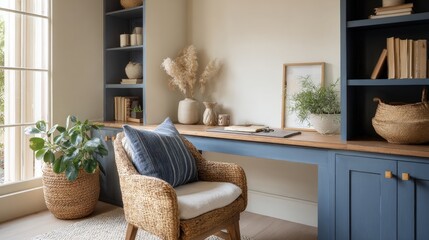 Corner of a room with a desk and a chair. the desk is made of wood and has a blue cabinet on the right side.
