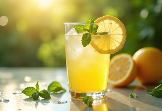 Zesty Lemonade Splash Surrounded by Lush Mint Greenery in Crisp Environment
