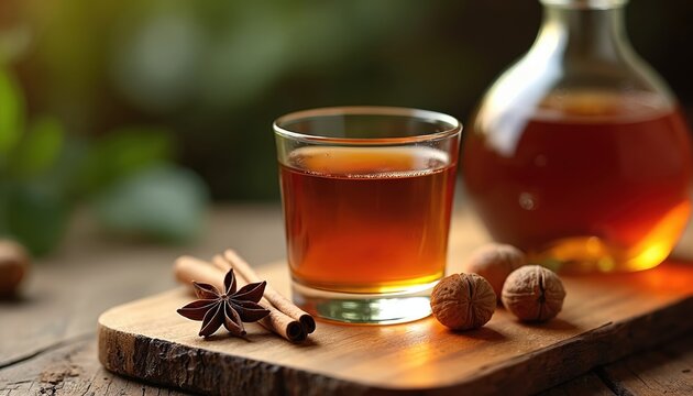 Photo of Andorran ratafia liqueur served. Glass of brown drink with spices and walnuts on wooden board. Traditional beverage from Andorra, alcoholic alcohol drink.