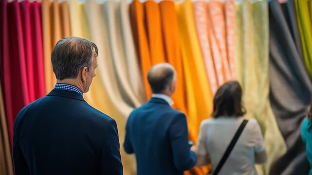 Shoppers study vibrant fabric swatches arranged in a shop, spanning pinks, oranges, greens, vibrant!