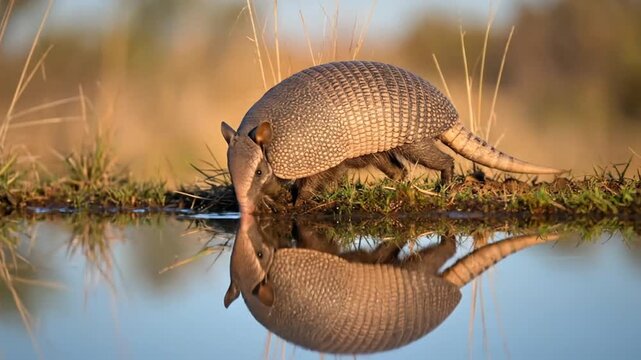 Armadillo Walking Near Water, Reflecting in Calm Surface
