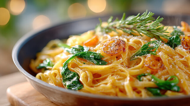 Close-up of a delicious pasta dish with spinach and shrimp garnished with fresh rosemary ready to serve