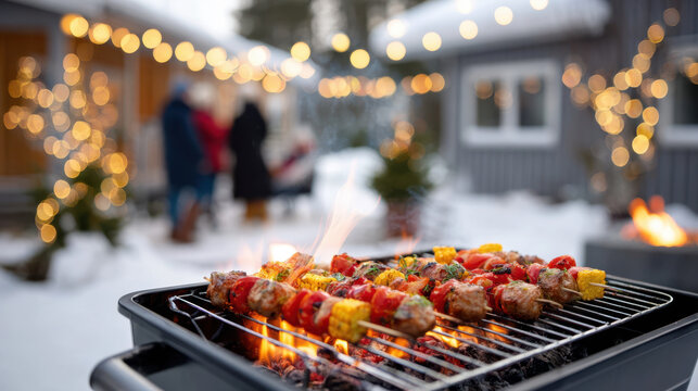 Winter backyard barbecue with meat and vegetable skewers on grill and people enjoying snowy outdoor gathering