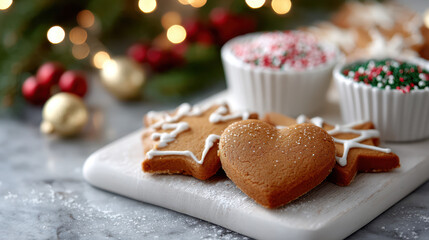 Overhead view of bright kitchen counter with holiday cookies and festive decorations for christmas baking