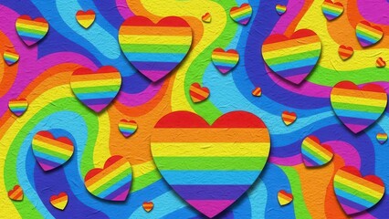 Colorful rainbow hearts on vibrant textured background. LGBT pride, equality, diversity, love is love, festival poster, parade banner, social movement, solidarity, celebration, sexuality, 