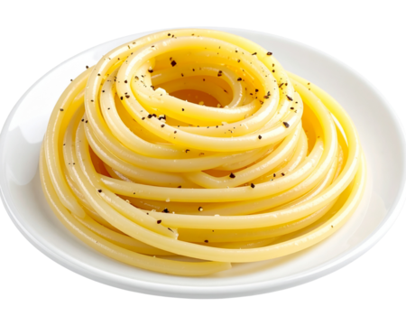 A macro close-up of a single nest of Cacio e Pepe spiraled neatly in the center of a