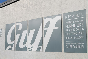 Fototapeta premium sign outside GUFF, a furniture store, located at 1 Davies Av off Queen St E, Toronto